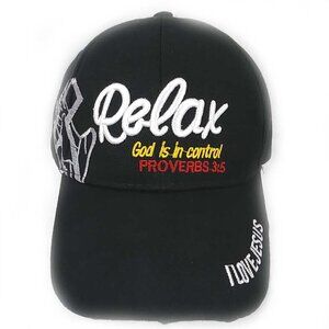Relax God is in Control Proverbs 3:5 Embroidered Black Cap Hat OSFM